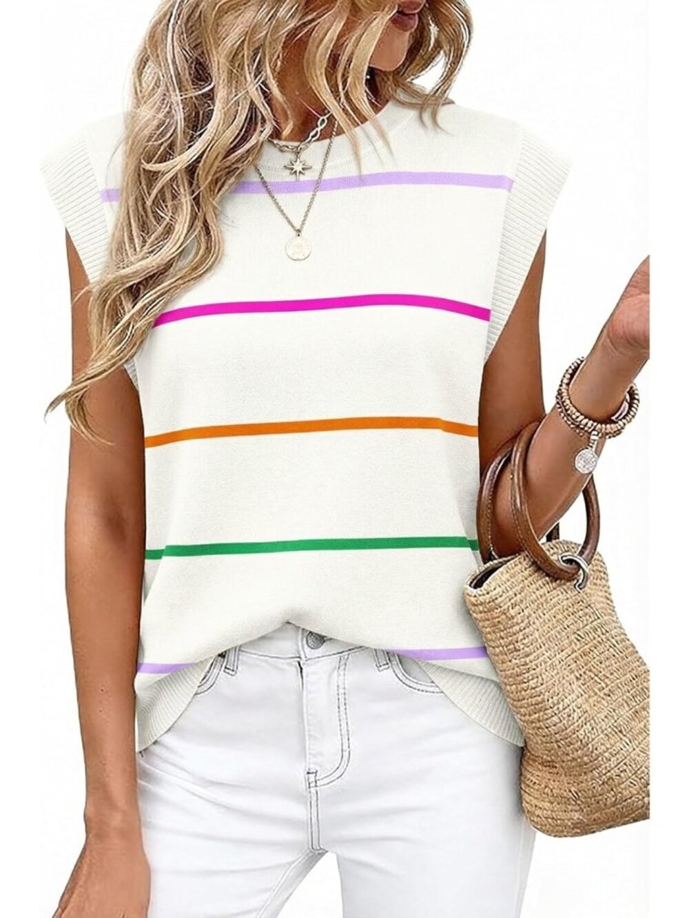 Women's Rainbow Crew Neck Cap Sleeve Tank Tops Business Casual Outfit T Shirts